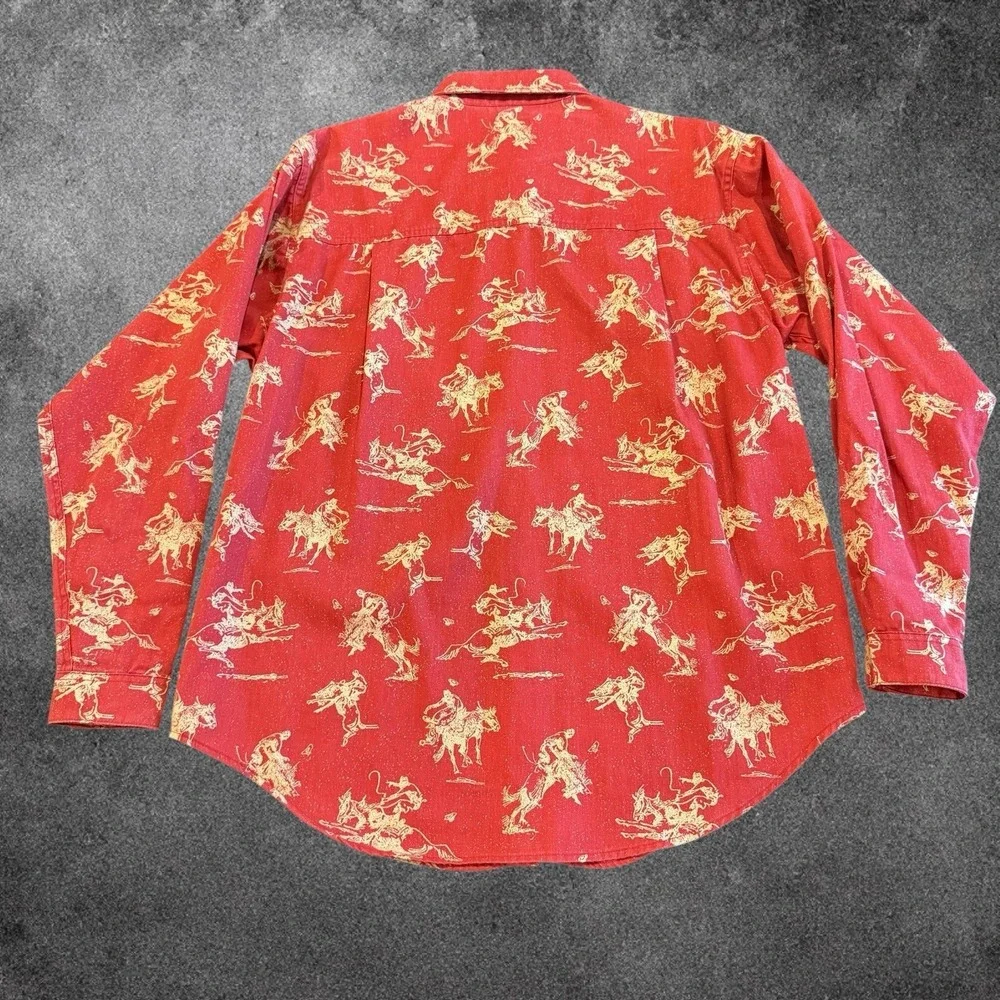 VNTG Barn Fly Western Shirt Medium Red Cowboy Rodeo Print Button Up 100%‎ Cotton